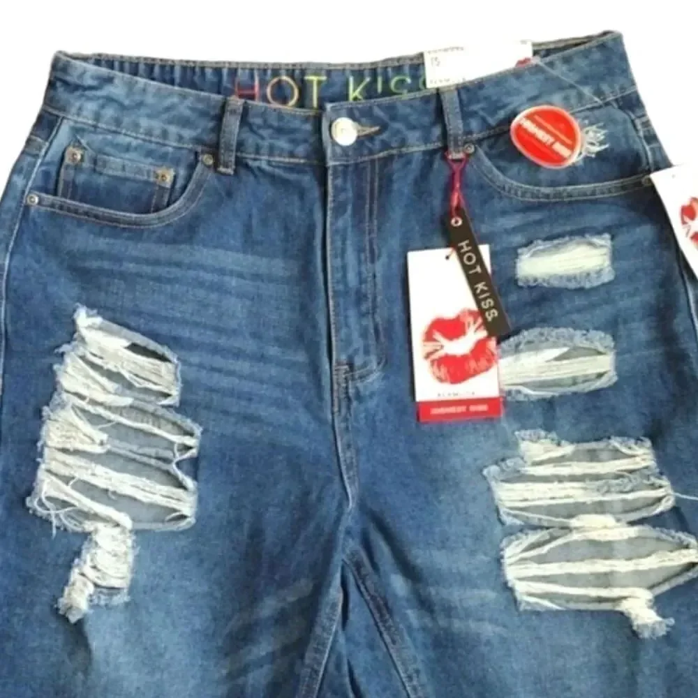 Hot Kiss Highest Rise Ripped  Bermuda Blue Jean‎ Shorts Size 15 NWT